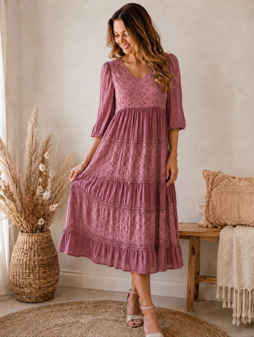Listicle Dusty Mauve Eyelet Tiered Midi Dress